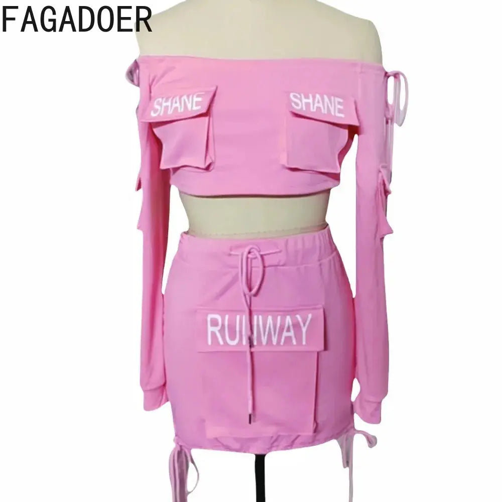 Y2K Pink Letter Print Two-Piece Set – Off-Shoulder Crop Top & Drawstring Pocket Skirt | Sexy Streetwear Matching Outfit Majesty Me Streetwear™