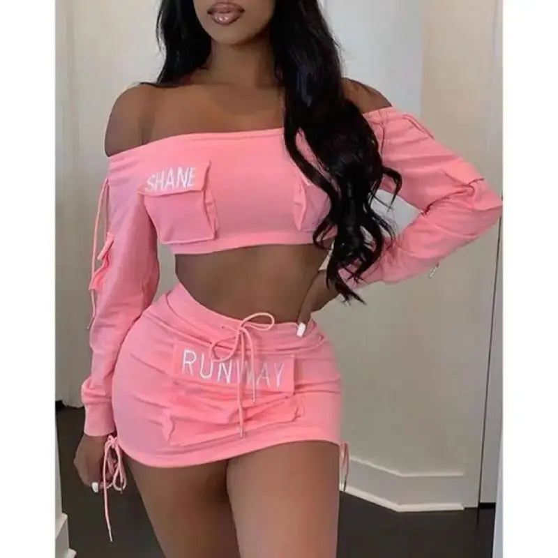 Y2K Pink Letter Print Two-Piece Set – Off-Shoulder Crop Top & Drawstring Pocket Skirt | Sexy Streetwear Matching Outfit Majesty Me Streetwear™