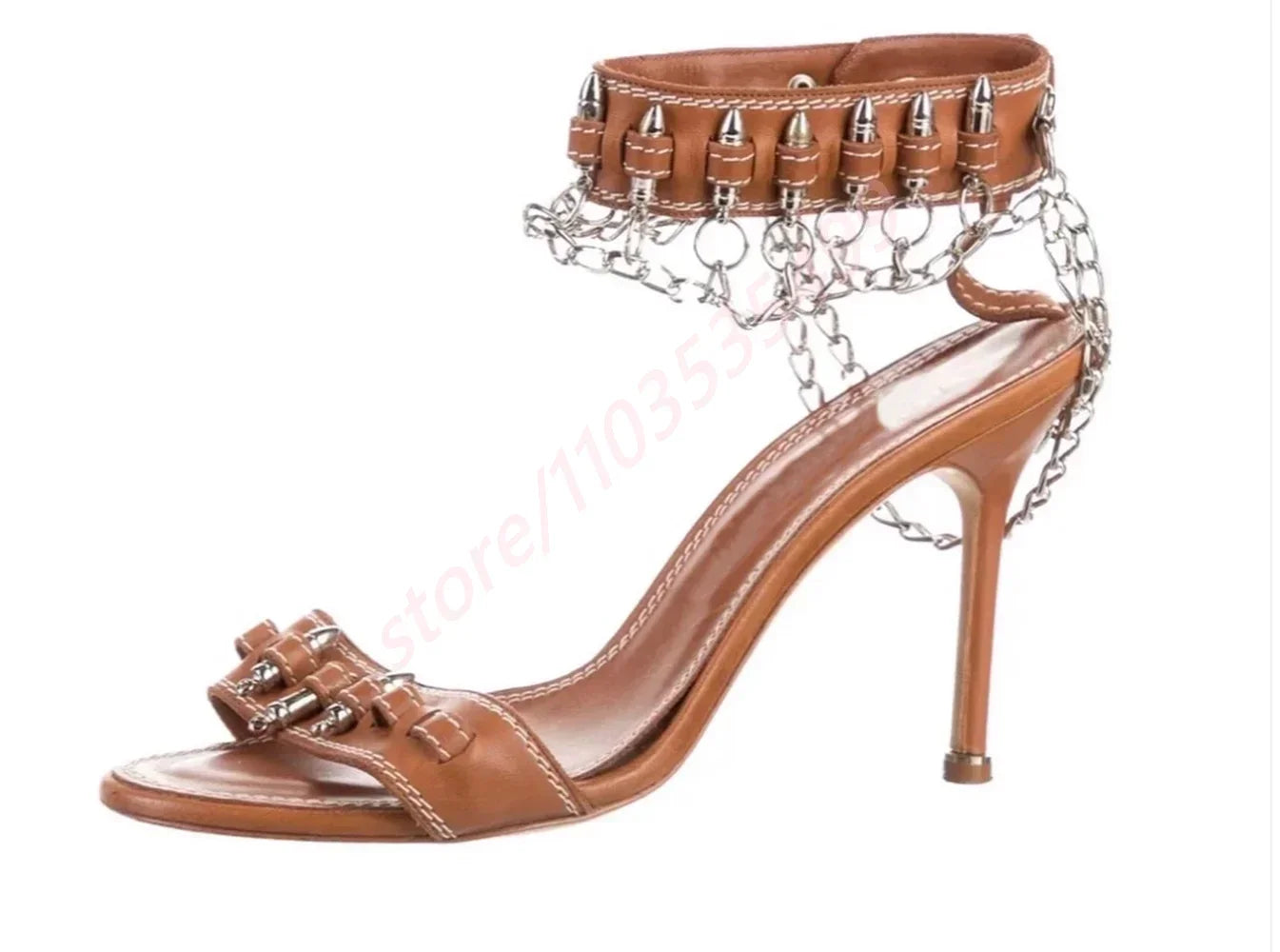 New Catwalk Bullet Chain Roman Sandals 2025 Ladies Stilettos Black/brown Summer Sexy Fashion Party Casual Open Toe Sandals Majesty Me