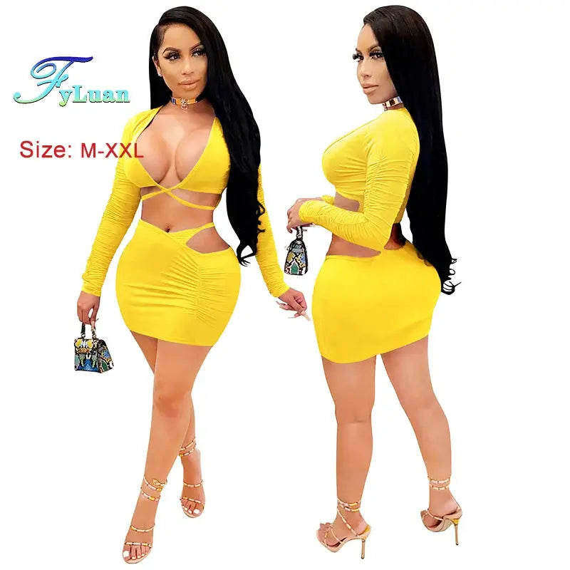 “Majesty Me Temptation” Two-Piece Set – Sexy Deep V Crop Top & Short Skirt Night Look Majesty Me Streetwear™