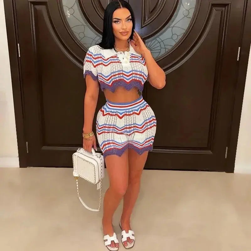 “Birthday Behavior” Knit Set – Colorful Striped Crop Top & Matching Shorts Majesty Me Streetwear™
