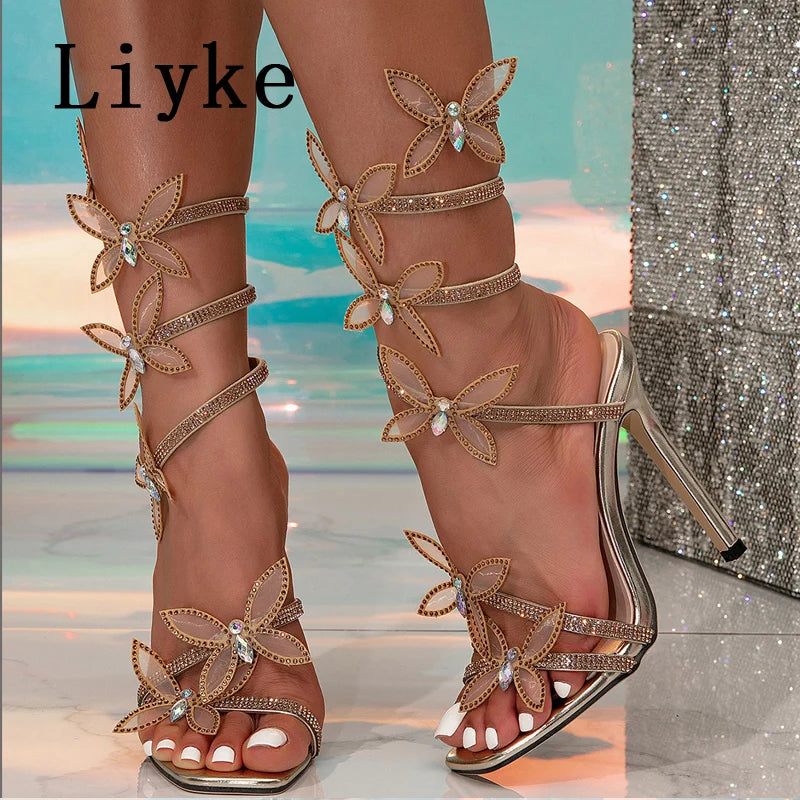 Liyke Fashion Glitter Rhinestones Women Sandals Crystal Butterfly Square Toe Wedding Party Stripper Shoes High Heels Black Blue Majesty Me