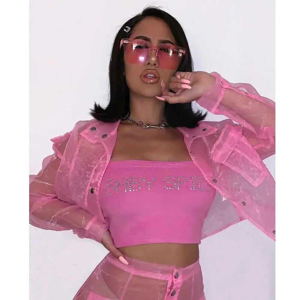 Pink Organza Mesh Two-Piece Set – Women’s Sheer Jacket & Mini Skirt | Sexy Clubwear Matching Outfit Majesty Me Streetwear™