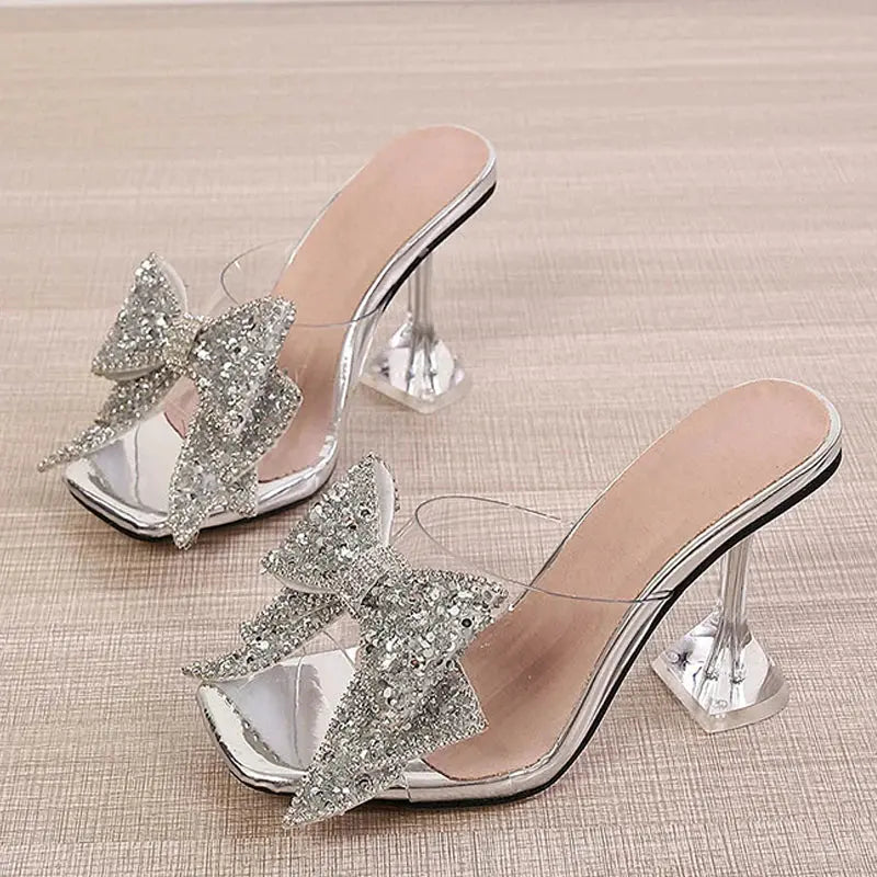 Crystal Clear Bow Heeled Slides Majesty Me