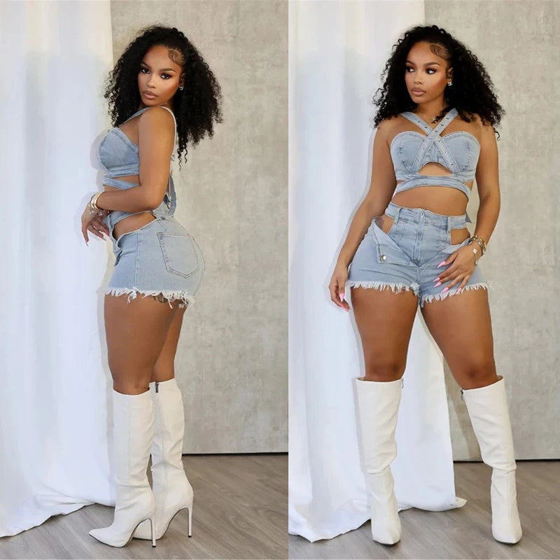 Sexy Jean Women Short Sets Straps Denim Crop Top and Cut Out Shorts Set 2025 Summer Clothes Streetwear Two 2 Piece Club Outfits Majesty Me