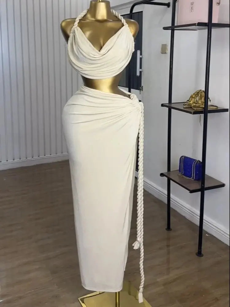 Golden Muse” Halter Neck Maxi Set – Crop Top + High-Split Skirt for Women Majesty Me Streetwear™