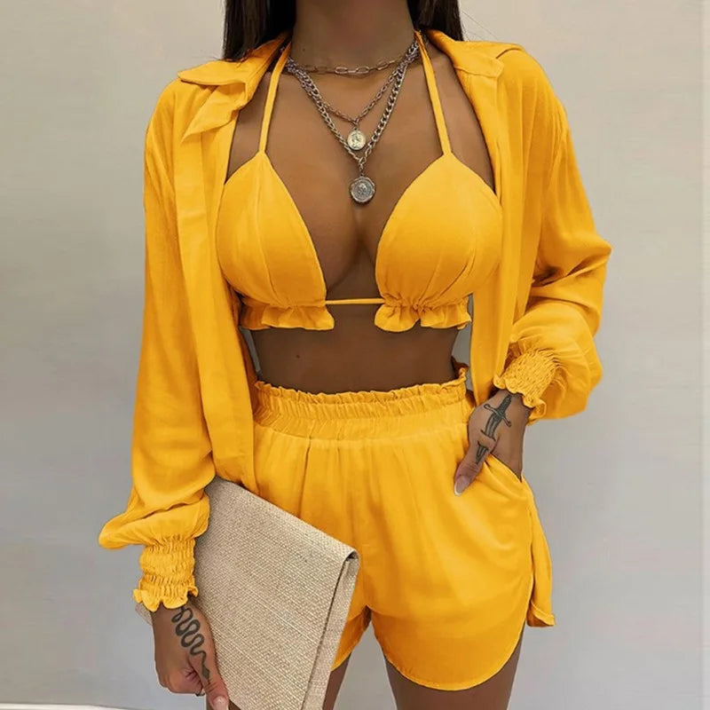 Fashion Print Short Three Piece Set Women Sexy Camisole Shirt Cardigan Shorts 3 Piece Sets Female Casual Beach Vacation Clothing Majesty Me