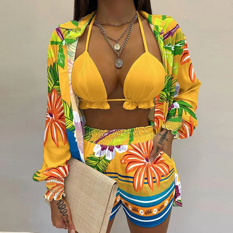 Fashion Print Short Three Piece Set Women Sexy Camisole Shirt Cardigan Shorts 3 Piece Sets Female Casual Beach Vacation Clothing Majesty Me