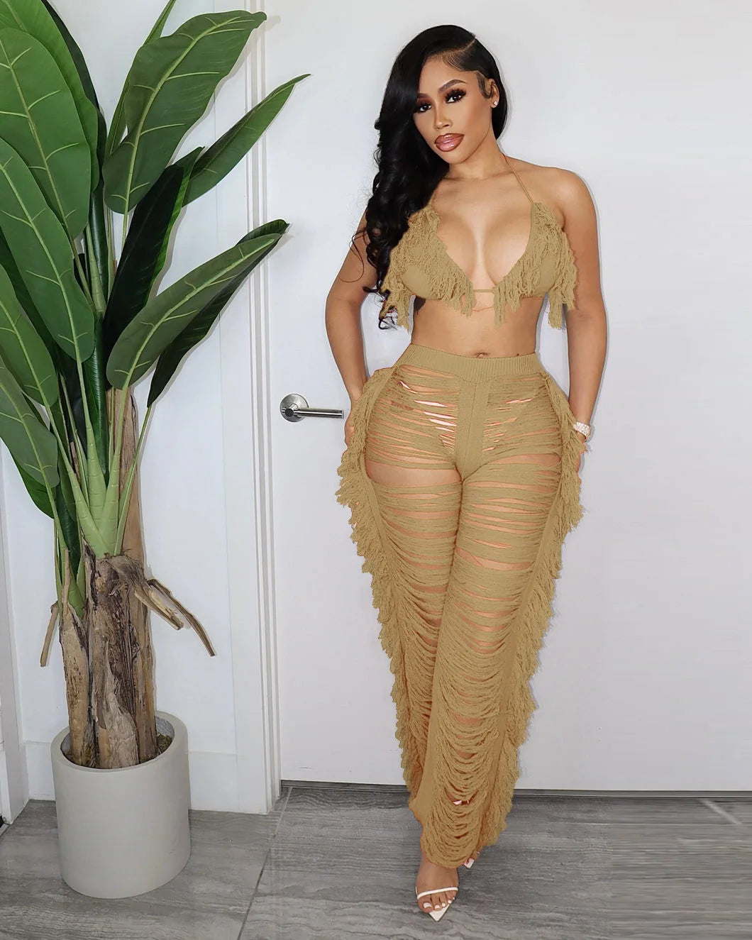 Sexy Women 2025 Knitted Set Two Piece Set Halter Backless Bra Crop Top Pants Crocheted 2 Pieces Set Hollow Out Crochet Beach Set Majesty Me