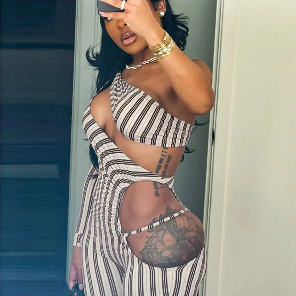 Striped Contour Cutout Jumpsuit Majesty Me