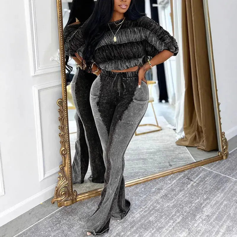 Modern Majesty” Patchwork Two-Piece Set – Slash-Neck Crop Top & Flare Pants Ensemble Majesty Me Streetwear™