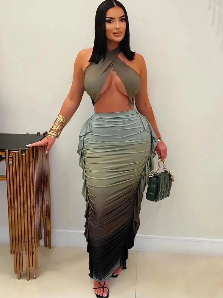 Tropical Goddess” Two-Piece Set – Halter Neck Crop Top & Tie-Dye Ruched Maxi Skirt Majesty Me Streetwear™