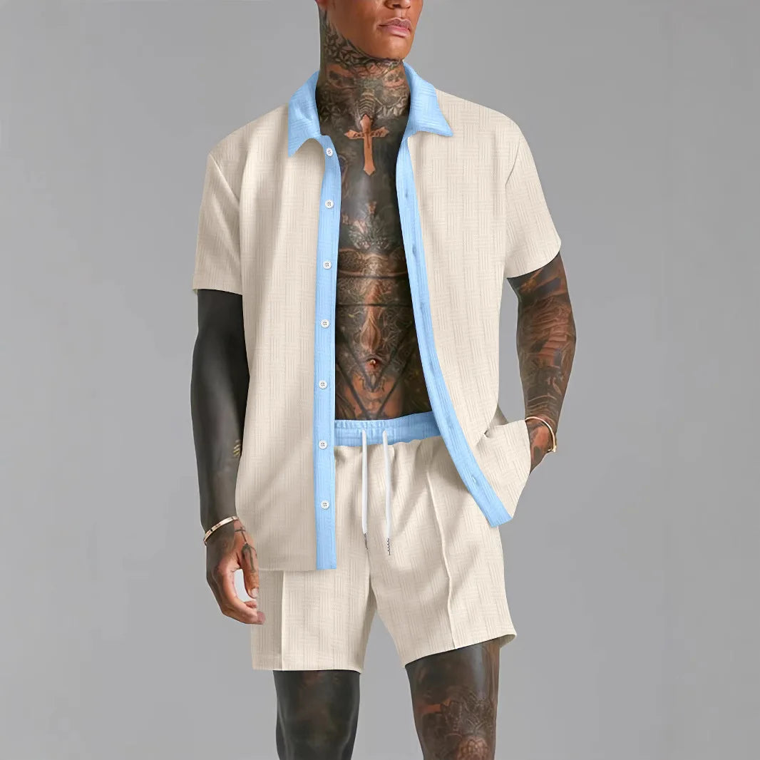 Summer Men's casual suit patchwork transparent lapel short-sleeved shirt & Shorts Stylish and comfortable two-piece streetwear Majesty Me