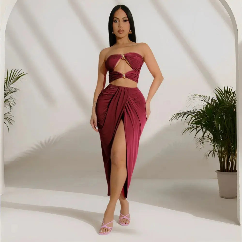 Sunset Siren” Strapless Mini Top + Split Maxi Skirt Set – Sexy Summer Party Outfit for Women Majesty Me Streetwear™