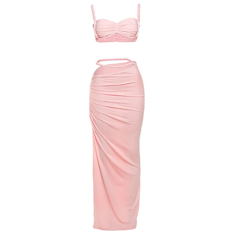 Weird Puss Bandage Ruched 2 Piece Set Women Square Collar Bra+Skinny Long Skirts 2025 Summer Vacation Beach Party Trend Suits Majesty Me