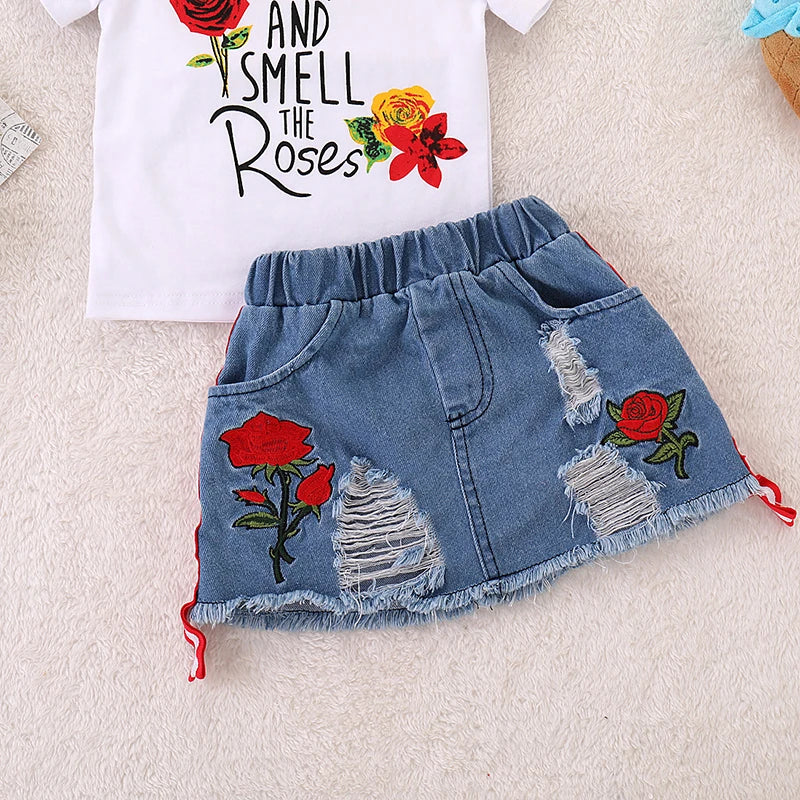 Humor Bear Girls Suit Summer Children's Clothes Suit Embroidery Letter Print Short sleeve+skirt Set Toddler Christmas Outfits Majesty Me