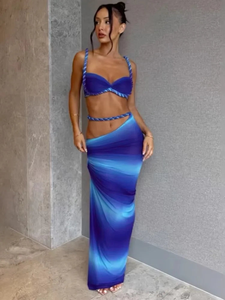 Weird Puss Bandage Ruched 2 Piece Set Women Square Collar Bra+Skinny Long Skirts 2025 Summer Vacation Beach Party Trend Suits Majesty Me