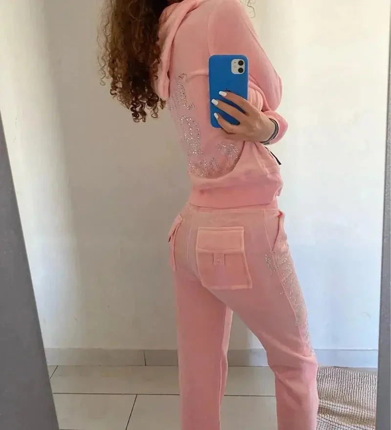 Jay Cee Velvet Crown Tracksuit – 2025 Spring Fall Women’s 2-Piece Set | Elegant Velour Sweatsuit with Royal Detailing Majesty Me