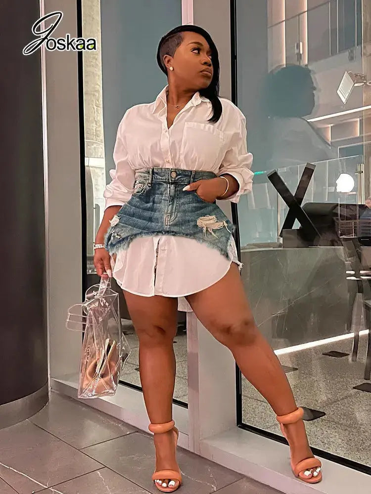 “Urban Royalty” Denim Two-Piece Set – Button-Up Shirt Dress & Asymmetric Skirt Street Look Majesty Me Streetwear™