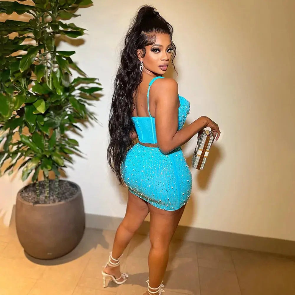 Diamond Dreams Rhinestone Two-Piece Set – Women’s Strap Crop Top & Mini Skirt | Sexy Party & Clubwear Outfit Majesty Me Streetwear™