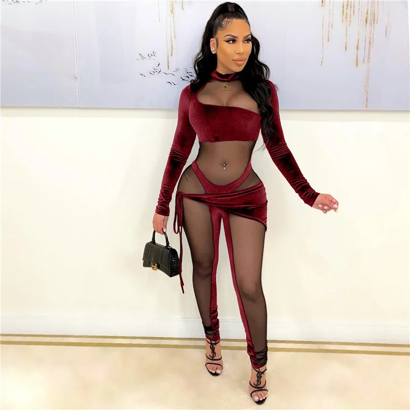 Sexy See-through Mesh Patchwork Velvet Jumpsuit Women Clubwear Long Sleeve Rompers Womens Jumpsuit Bodycon Overalls for Women Majesty Me