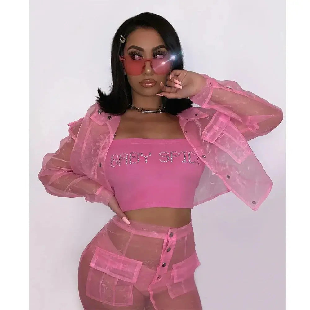 Pink Organza Mesh Two-Piece Set – Women’s Sheer Jacket & Mini Skirt | Sexy Clubwear Matching Outfit Majesty Me Streetwear™