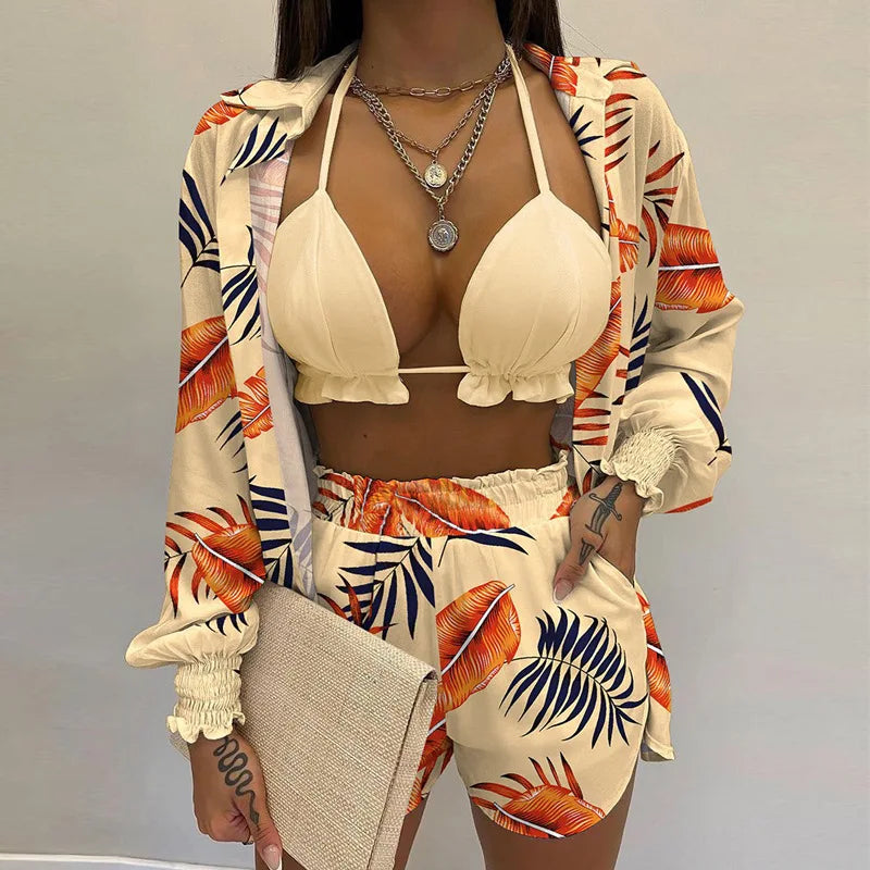 Fashion Print Short Three Piece Set Women Sexy Camisole Shirt Cardigan Shorts 3 Piece Sets Female Casual Beach Vacation Clothing Majesty Me