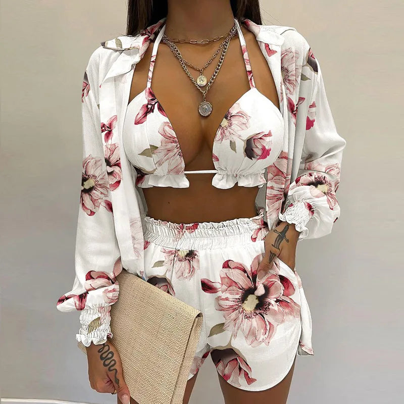 Fashion Print Short Three Piece Set Women Sexy Camisole Shirt Cardigan Shorts 3 Piece Sets Female Casual Beach Vacation Clothing Majesty Me