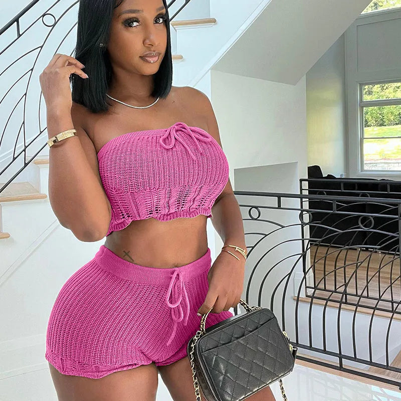 Sexy Knitted Two Piece Women Shorts Sets Skinny Tube Crop Top + Shorts Stretchy Vacation Party Club Outfits Matching Sets Summer Majesty Me