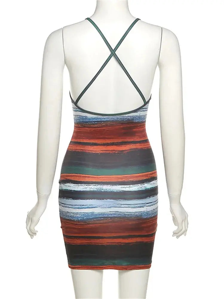 Kliou Panelled Striped Mini Dresses Aesthetic Women Sexy Skinny Slash Neck Camisole Backless Vintage Midnight Clubwear Outfits Majesty Me