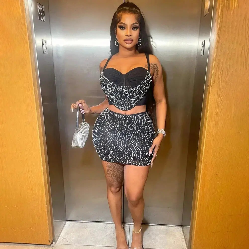 Diamond Dreams Rhinestone Two-Piece Set – Women’s Strap Crop Top & Mini Skirt | Sexy Party & Clubwear Outfit Majesty Me Streetwear™