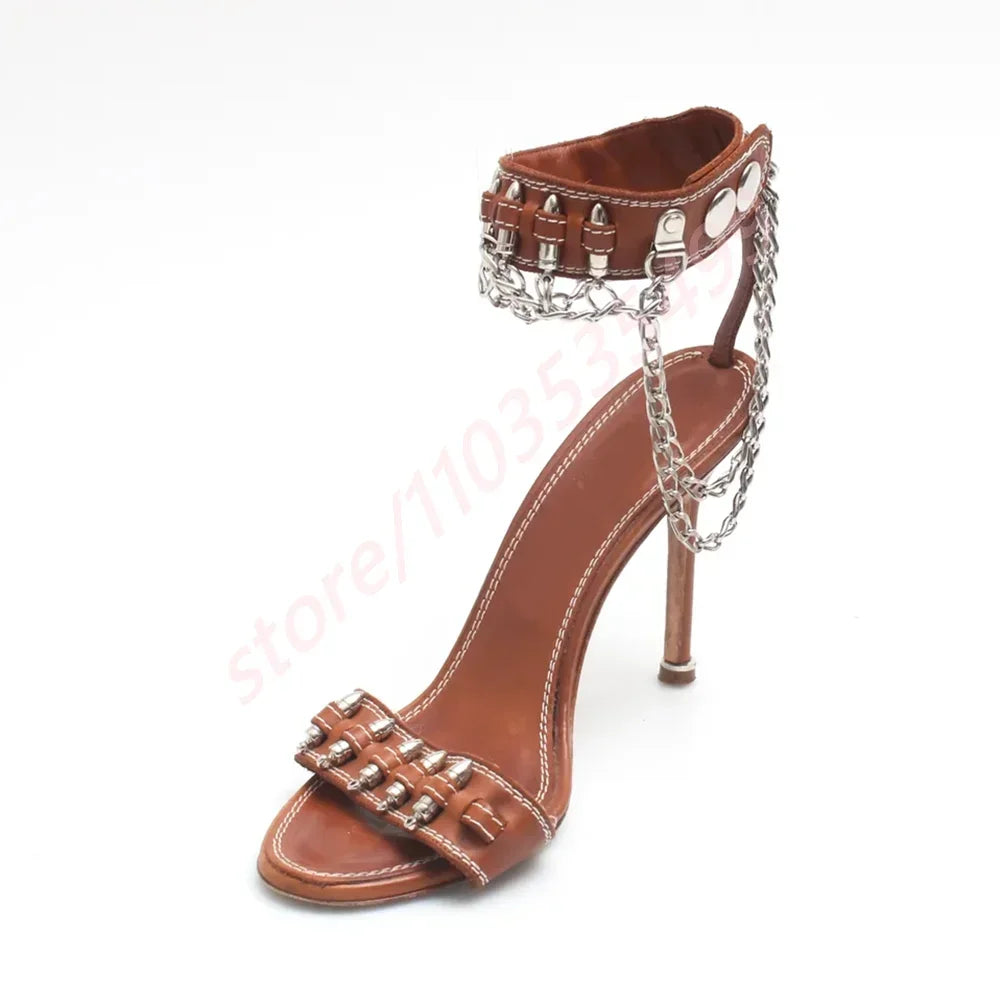 New Catwalk Bullet Chain Roman Sandals 2025 Ladies Stilettos Black/brown Summer Sexy Fashion Party Casual Open Toe Sandals Majesty Me