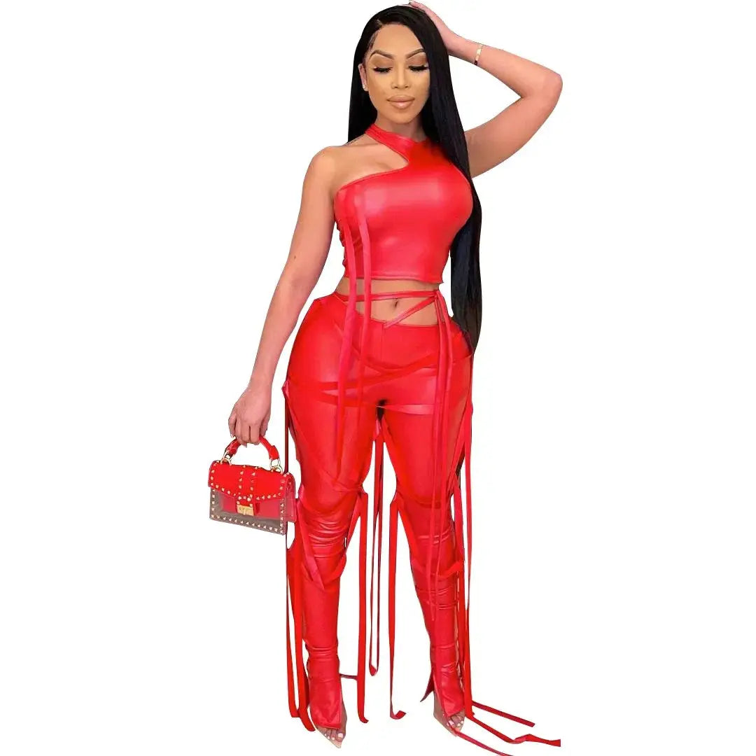 Majesty Me “Bad Intentions” Faux Leather Set – Lace-Up Crop Top & High-Slit Drawstring Pants Majesty Me Streetwear™