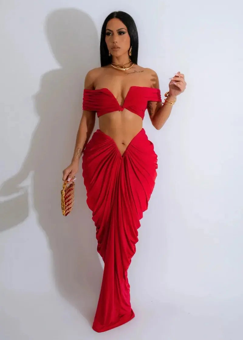 “Midnight Allure” Two-Piece Ruched Maxi Set – Off-Shoulder Crop Top & Long Skirt Party Outfit Majesty Me