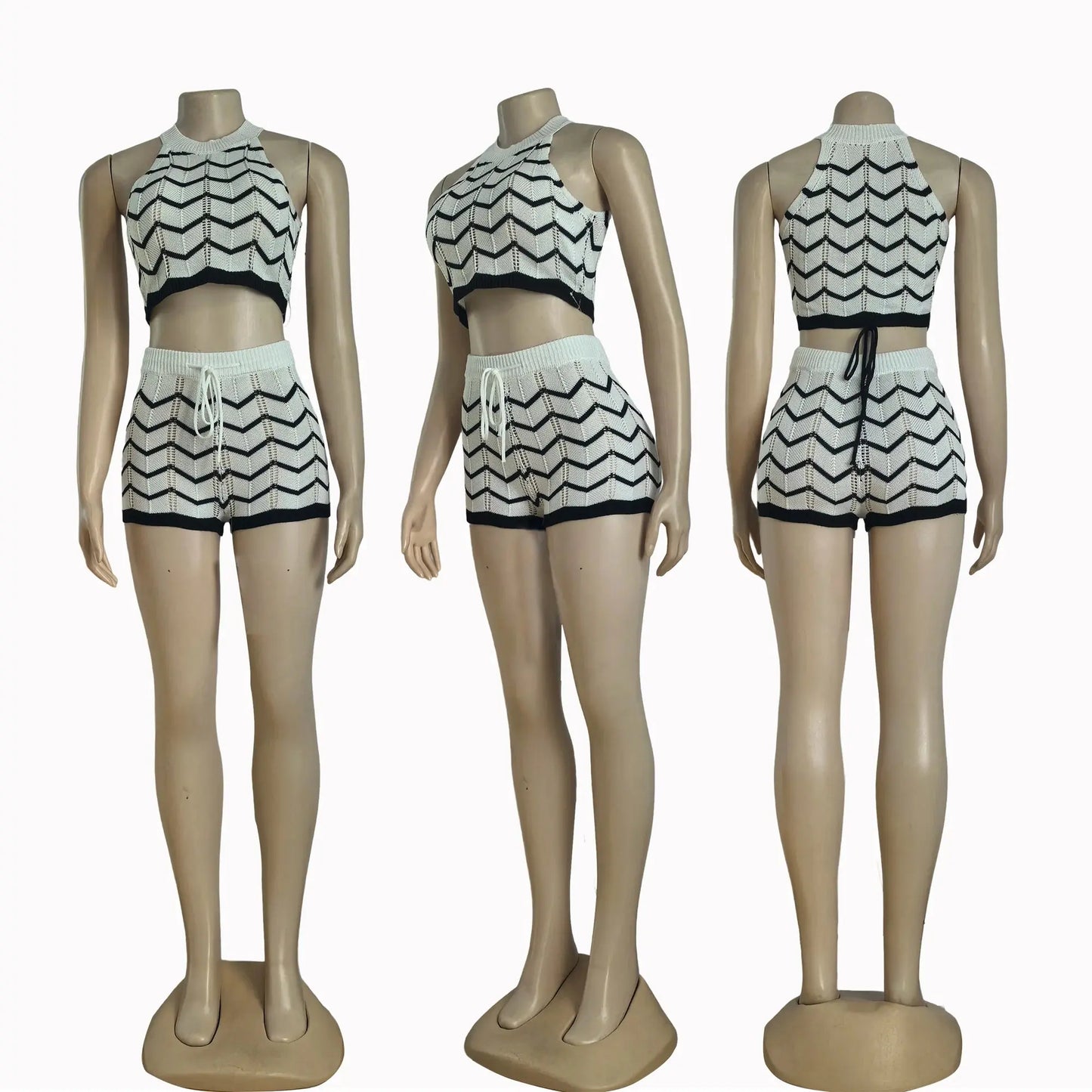 “Soft Luxe Waves” Knit Set – Wavy Pattern Crop Top + Bodycon Shorts Ensemble Majesty Me Streetwear™