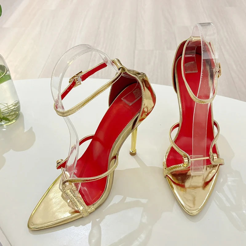 Liyke Sexy Gold Silver Ankle Cover Strap Sandals Women Shoes Fashion Metal Decoration Pointed Open Toe Party Club Stripper Heels Majesty Me