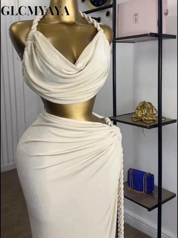 Golden Muse” Halter Neck Maxi Set – Crop Top + High-Split Skirt for Women Majesty Me Streetwear™