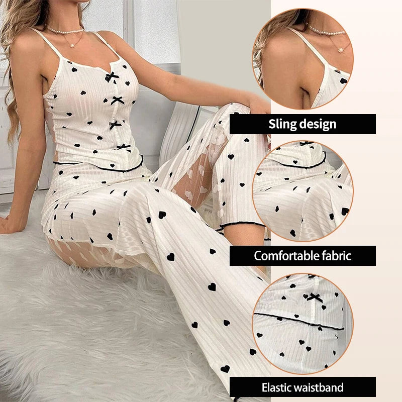 2-Piece Women's Sexy Transparent Mesh Lace Set with Ribbed Printed Strap Top and Pants Home Clothes Pajama Set Majesty Me