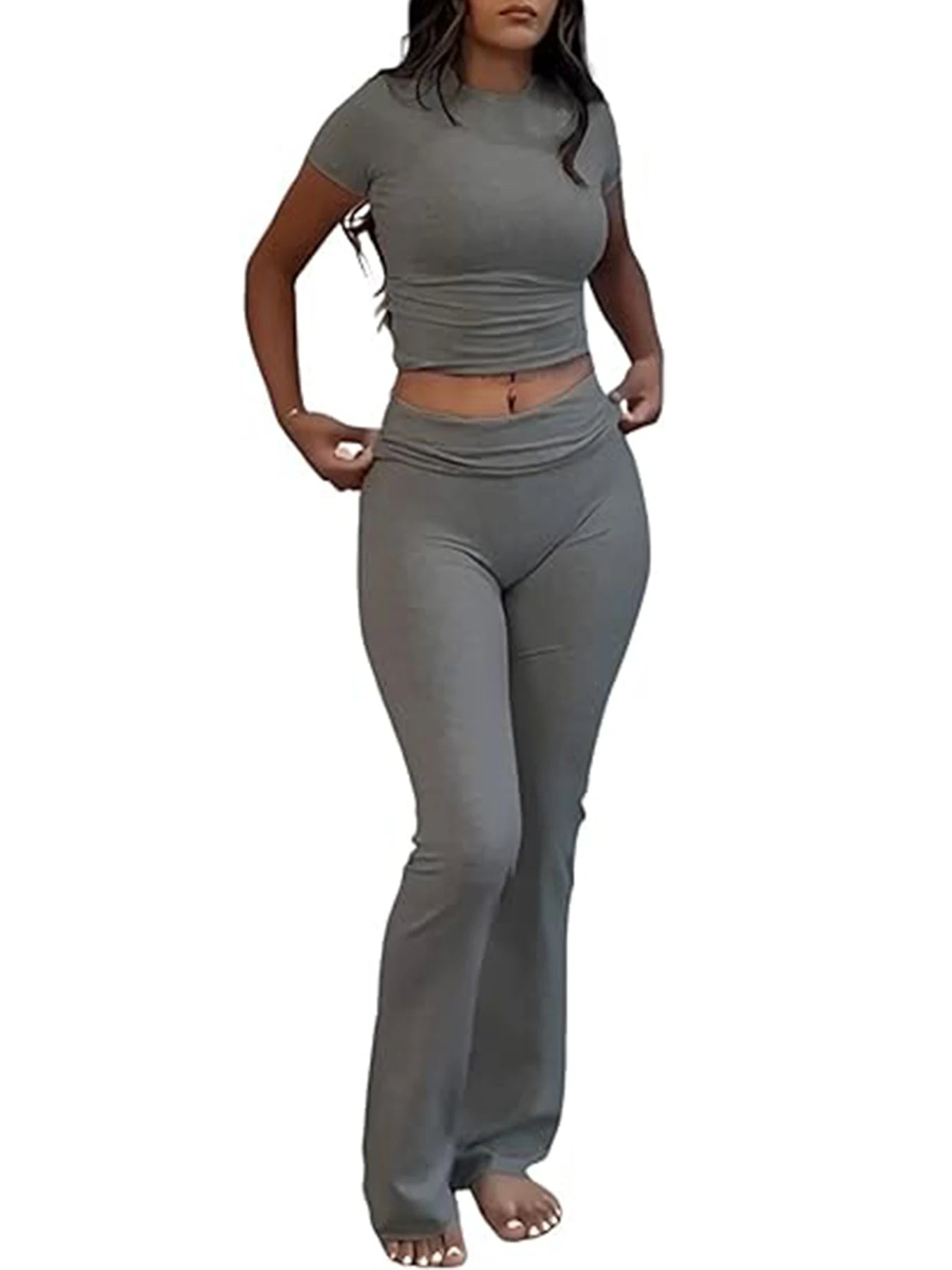 Casual Workout Two Piece Outfits for Women Short Sleeve Crop High Waist Foldover Flare Pants Tracksuit Sets Streetwear Majesty Me