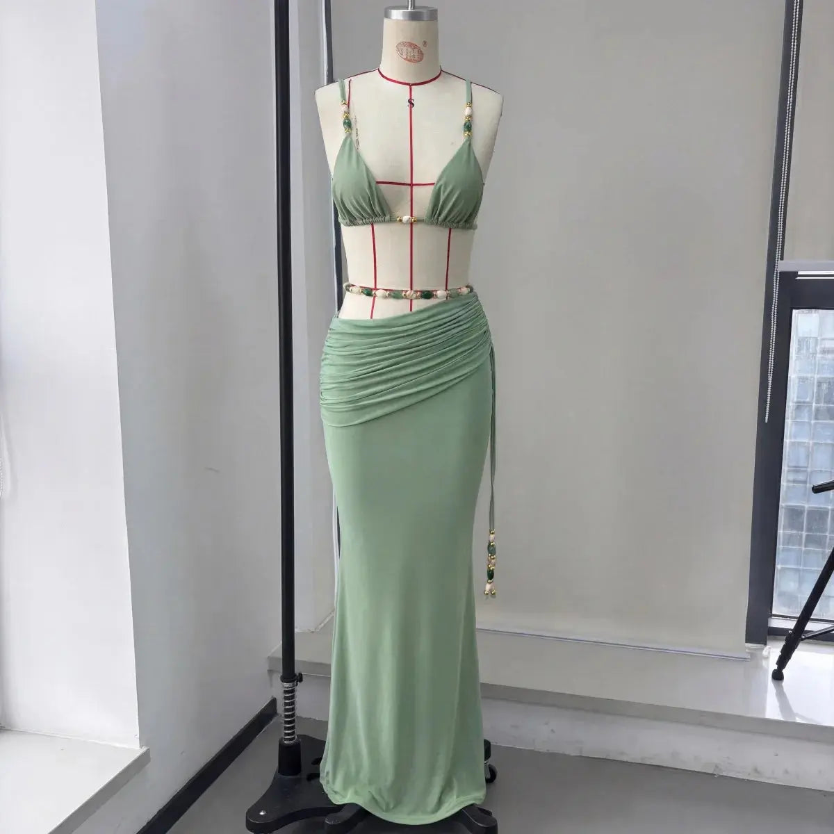 Green Beaded 3-Piece Bikini Set with Mesh Cover Up Skirt | Majesty Me Majesty Me