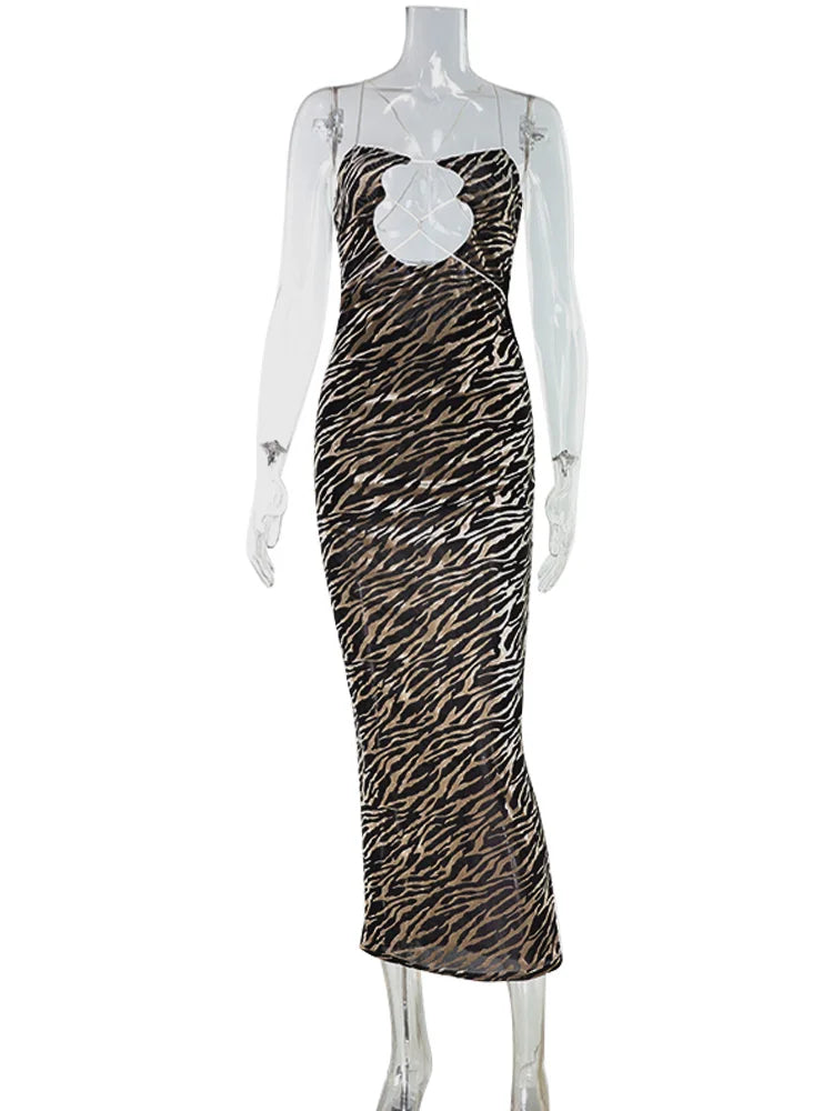 Ahagaga Fashion Sexy Dresses For Women Strapless Bandage Zebra Striped Sheath Bodycon Hollow Out Backless Lace-Up Vestidos Robes Majesty Me