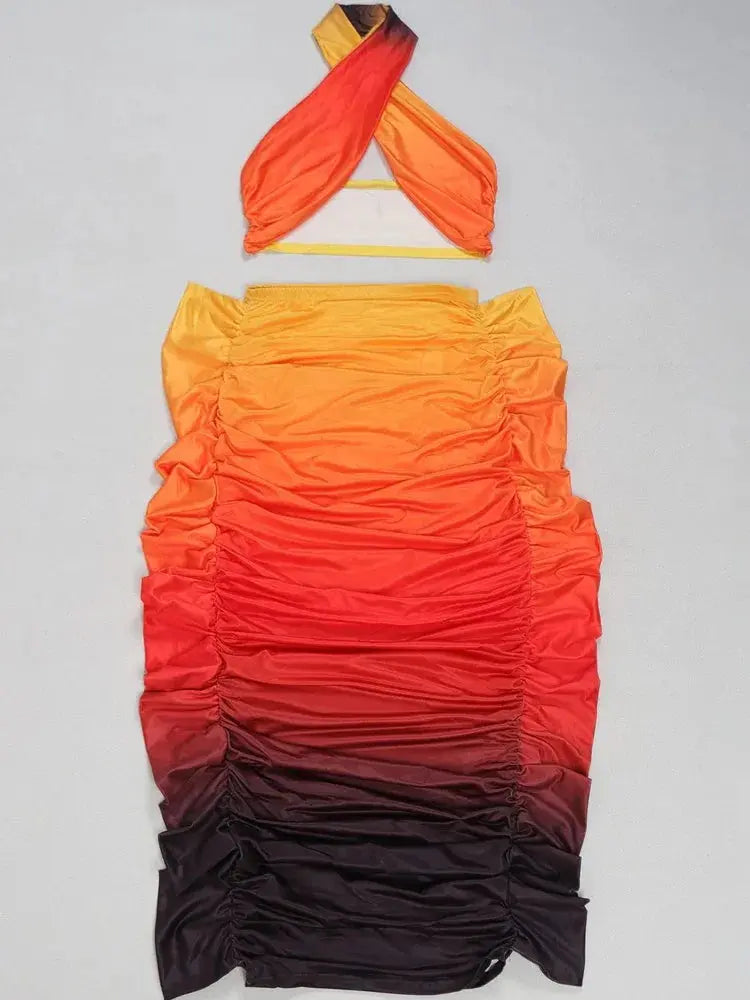 Tropical Goddess” Two-Piece Set – Halter Neck Crop Top & Tie-Dye Ruched Maxi Skirt Majesty Me Streetwear™