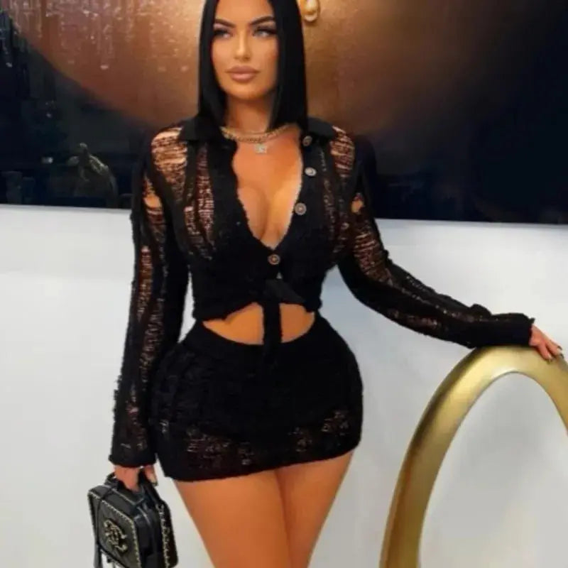 Golden Hour Knit” Two-Piece Set – Long Sleeve Cut-Out Top + Mini Skirt Outfit Majesty Me Streetwear™