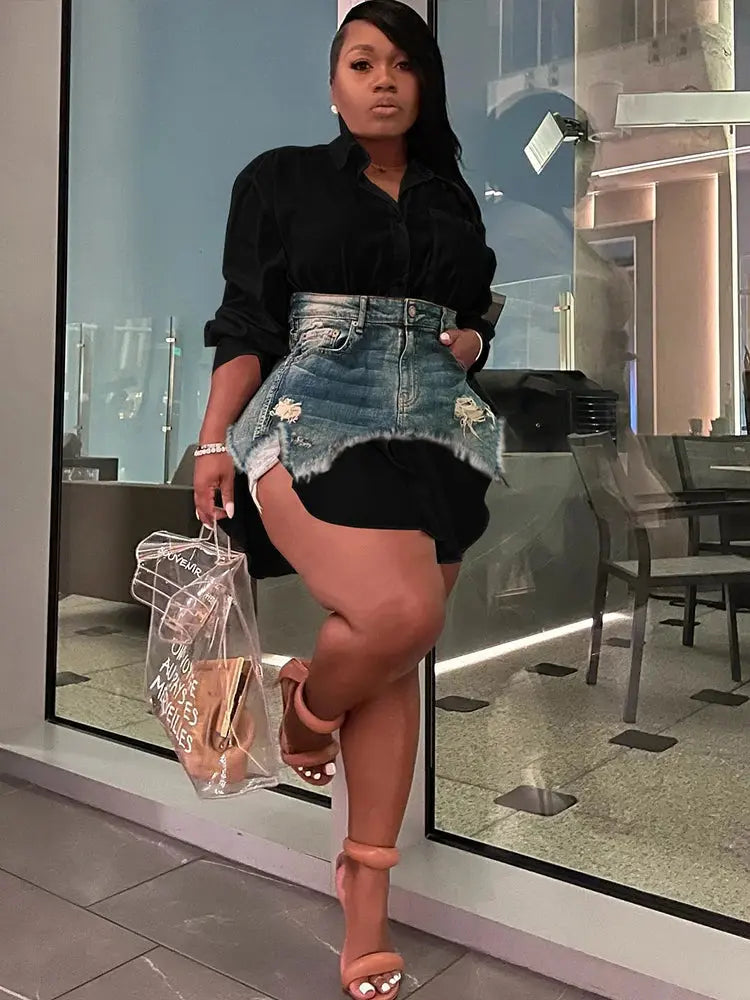 “Urban Royalty” Denim Two-Piece Set – Button-Up Shirt Dress & Asymmetric Skirt Street Look Majesty Me Streetwear™