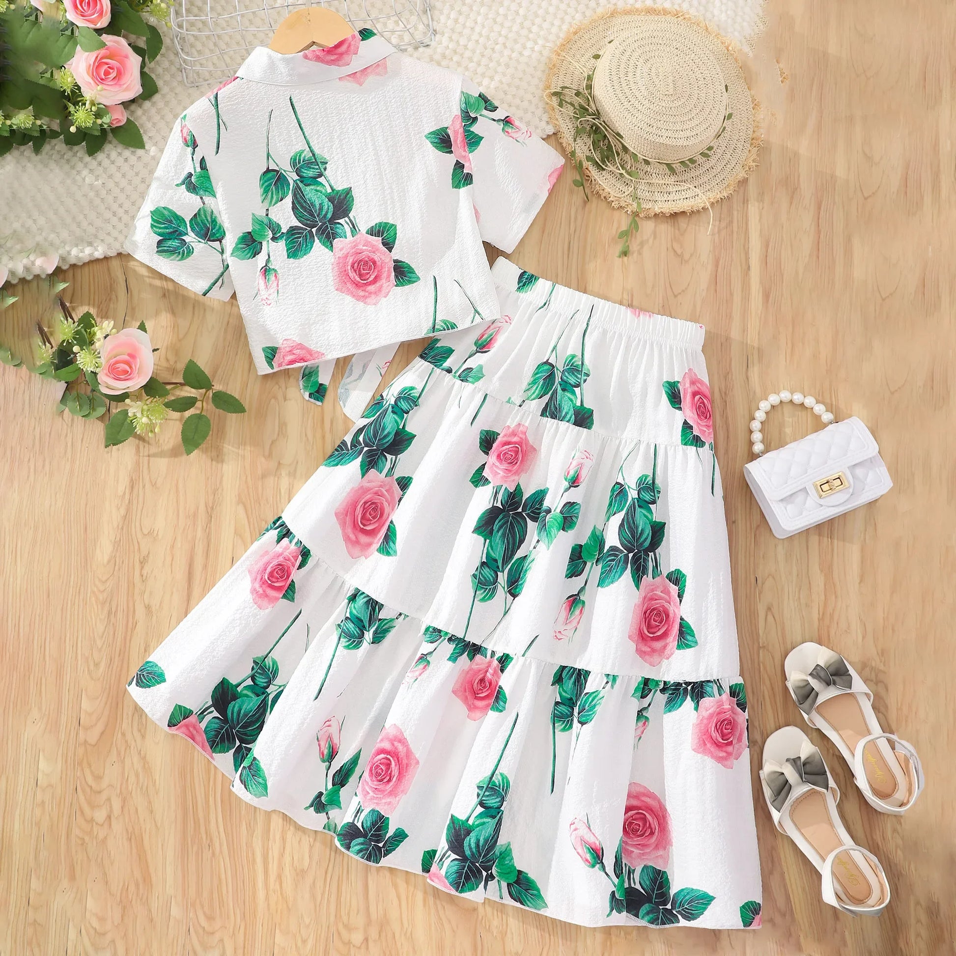 New Bohemian Set Girl Clothes 8-12 Yrs Summer Short Sleeve Floral Shirt + Skirt 2Pcs Big Children Beach Set White Girls Outfit Majesty Me