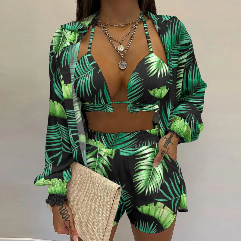 Fashion Print Short Three Piece Set Women Sexy Camisole Shirt Cardigan Shorts 3 Piece Sets Female Casual Beach Vacation Clothing Majesty Me