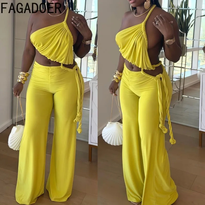 FAGADOER Sexy Ruched Patchwork Bodycon Jumpsuits For Woman Halter Sleeveless Wide-leg Romper Female Streetwear Overalls 2025 New Majesty Me