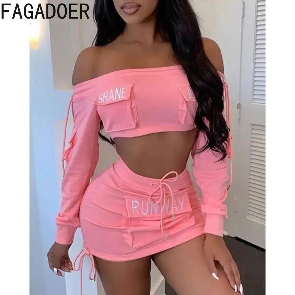Y2K Pink Letter Print Two-Piece Set – Off-Shoulder Crop Top & Drawstring Pocket Skirt | Sexy Streetwear Matching Outfit Majesty Me Streetwear™