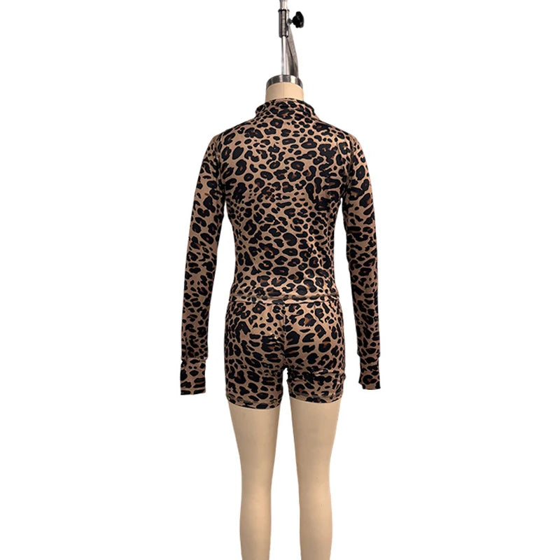 Leopard Print 2 Pieces Set for Women 2025 Trendy Outfits Sexy Gym Tracksuit Slim Zip up Tops and Shorts Matching Sets Club Wear Majesty Me