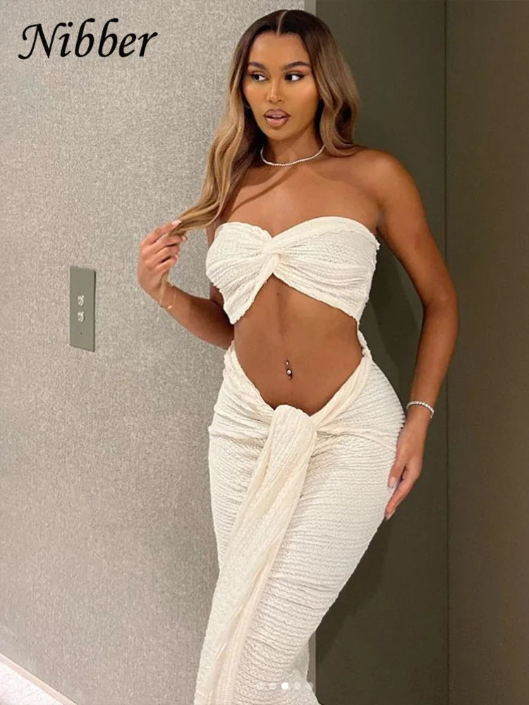 Nibber Elegant Stacked Folds Two Piece Set Women Solid Thin Strapless Chest Tops+Slim Skirts Female Streetwear Matching Suit Majesty Me